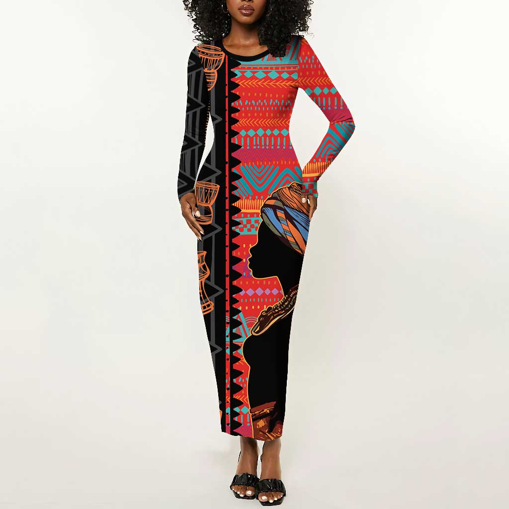 African Women Long Sleeve Bodycon Dress Ethnic Pattern LT15