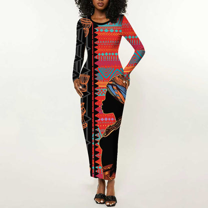 African Women Long Sleeve Bodycon Dress Ethnic Pattern LT15