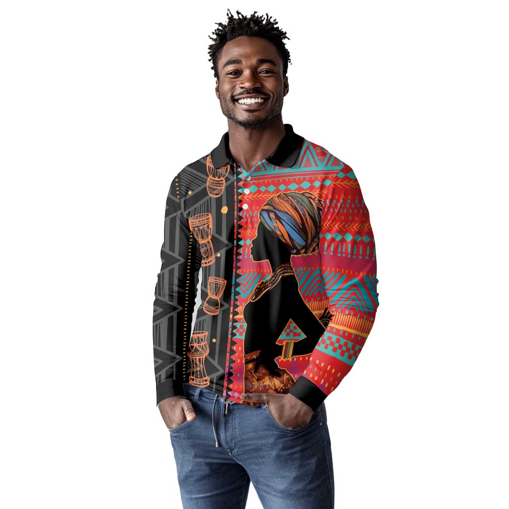 African Women Long Sleeve Polo Shirt Ethnic Pattern
