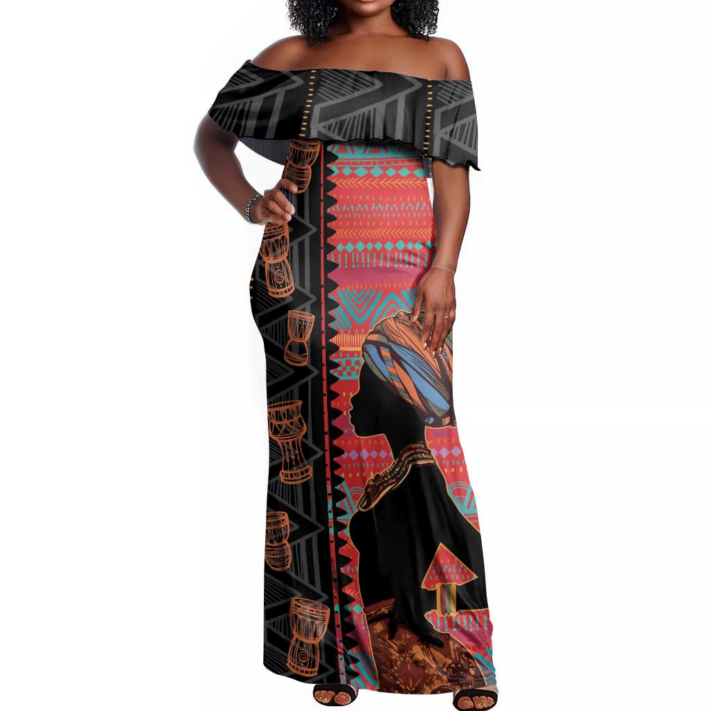 African Women Off Shoulder Maxi Dress Ethnic Pattern