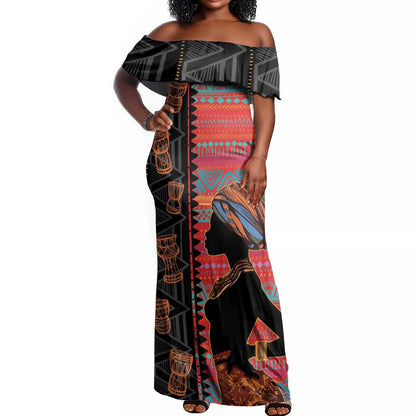 African Women Off Shoulder Maxi Dress Ethnic Pattern