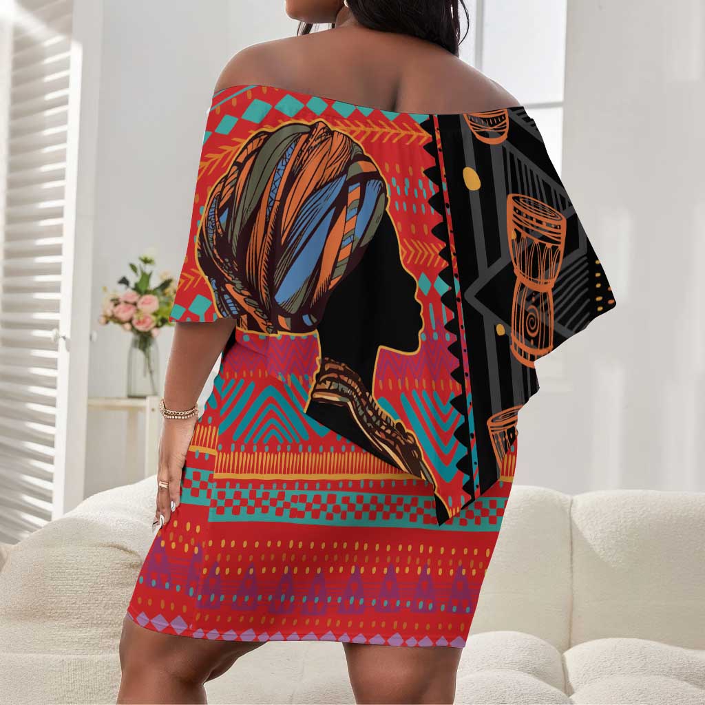 African Women Off Shoulder Short Dress Ethnic Pattern