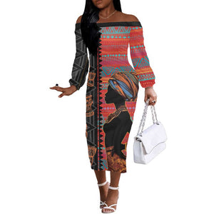 African Women Off The Shoulder Long Sleeve Dress Ethnic Pattern