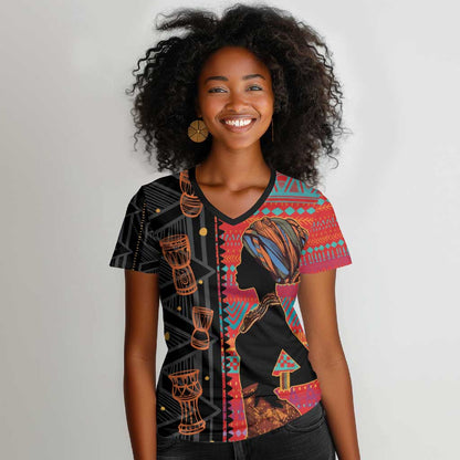 African Women Women V-Neck T-Shirt Ethnic Pattern