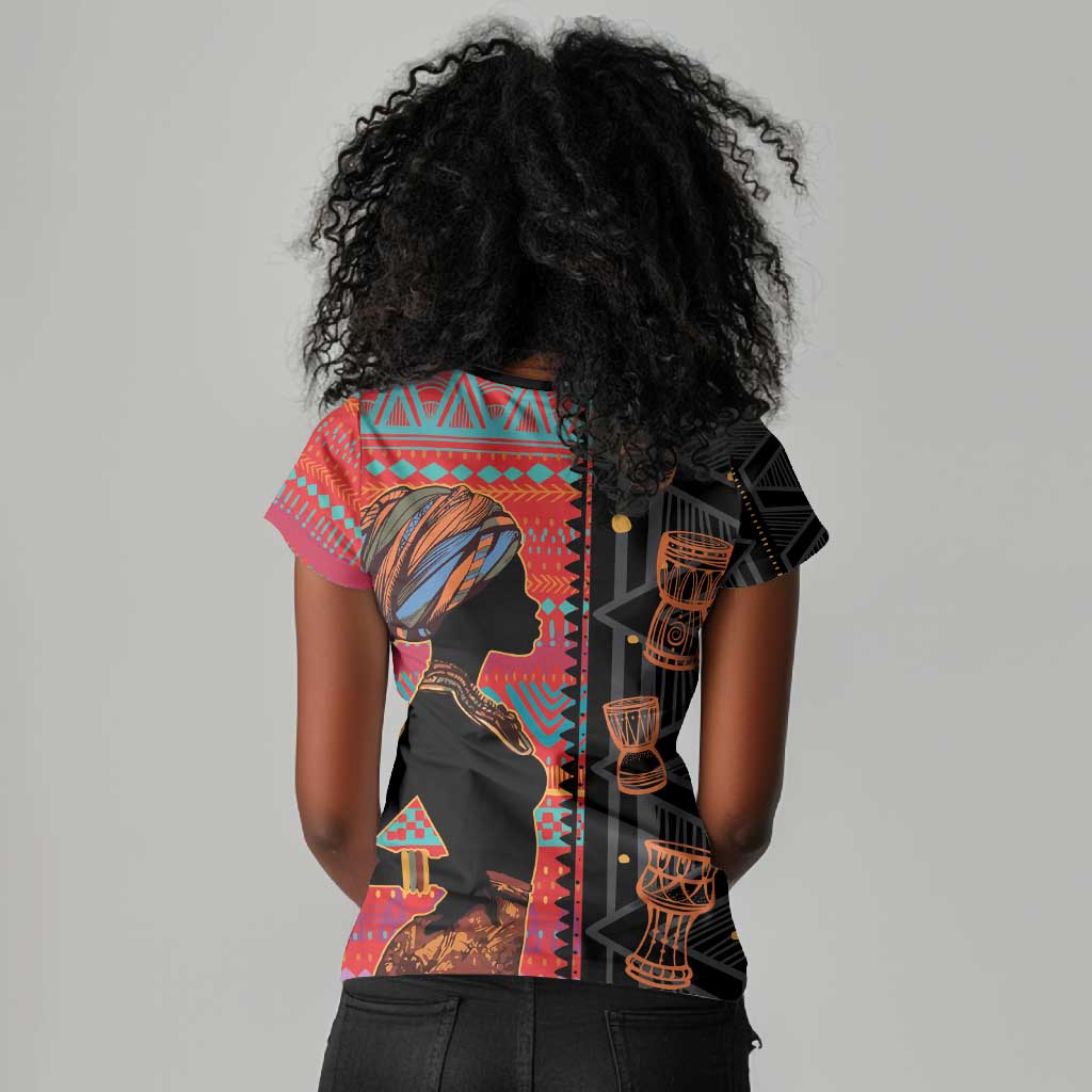 African Women Women V-Neck T-Shirt Ethnic Pattern