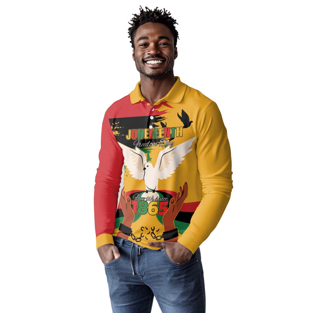 African American Juneteenth 1865 Long Sleeve Polo Shirt Black Freedom