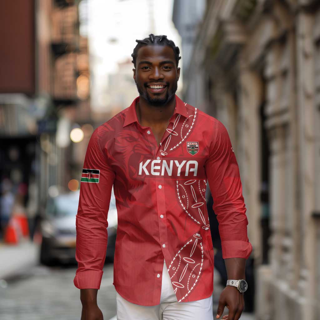 Jamhuri ya Kenya Rugby Custom Long Sleeve Button Shirt Kenyan Shield Style - Red Color