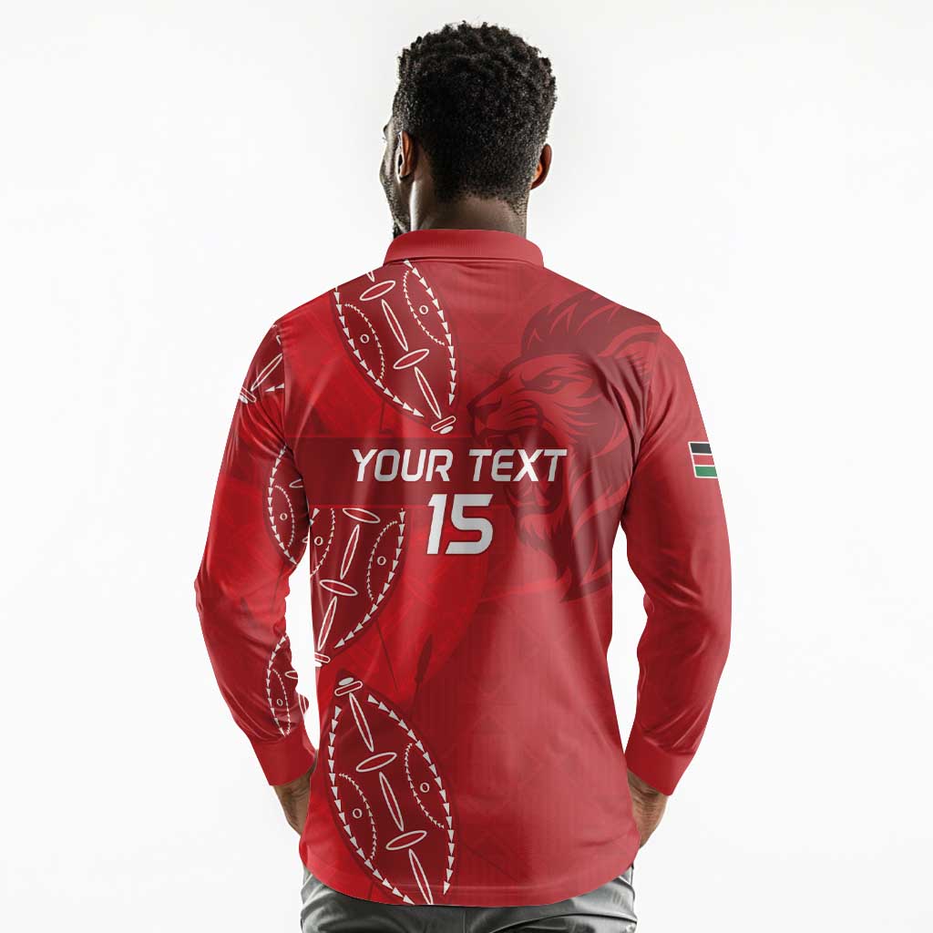Jamhuri ya Kenya Rugby Custom Long Sleeve Polo Shirt Kenyan Shield Style - Red Color