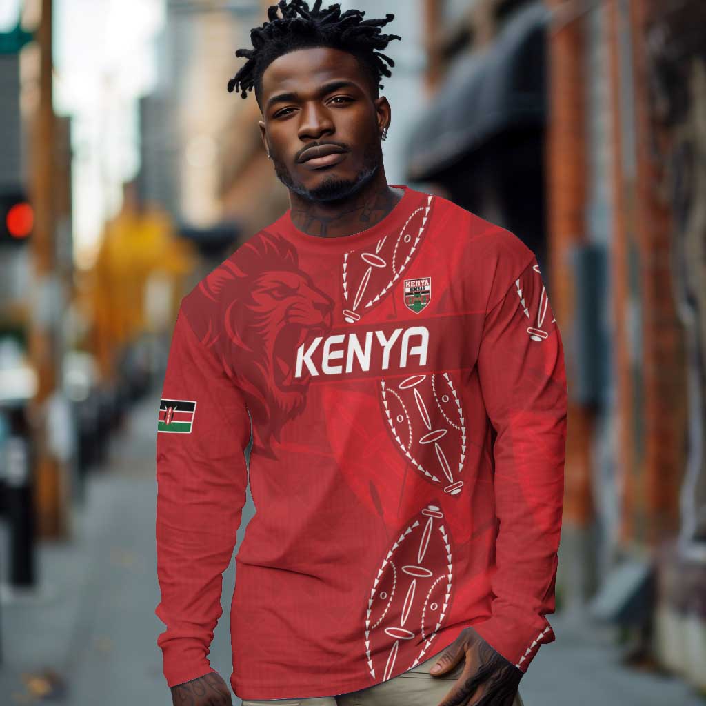Jamhuri ya Kenya Rugby Custom Long Sleeve Shirt Kenyan Shield Style - Red Color