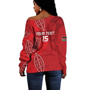 Jamhuri ya Kenya Rugby Custom Off Shoulder Sweater Kenyan Shield Style - Red Color