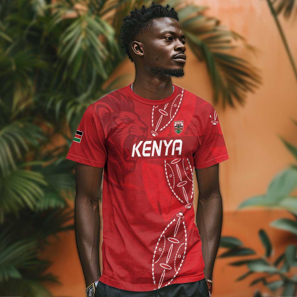 Jamhuri ya Kenya Rugby Custom T shirt Kenyan Shield Style - Red Color