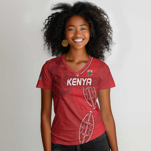 Jamhuri ya Kenya Rugby Custom Women V-Neck T-Shirt Kenyan Shield Style - Red Color