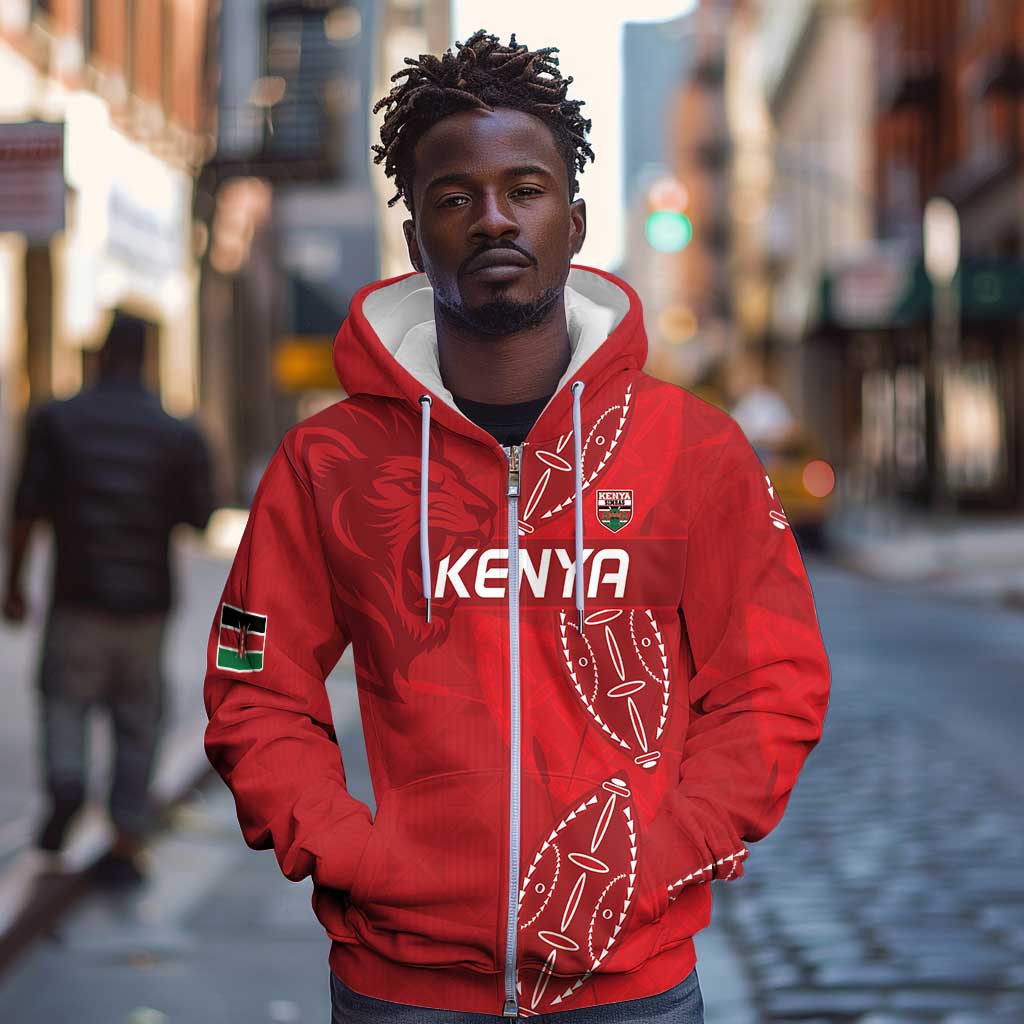 Jamhuri ya Kenya Rugby Custom Zip Hoodie Kenyan Shield Style - Red Color