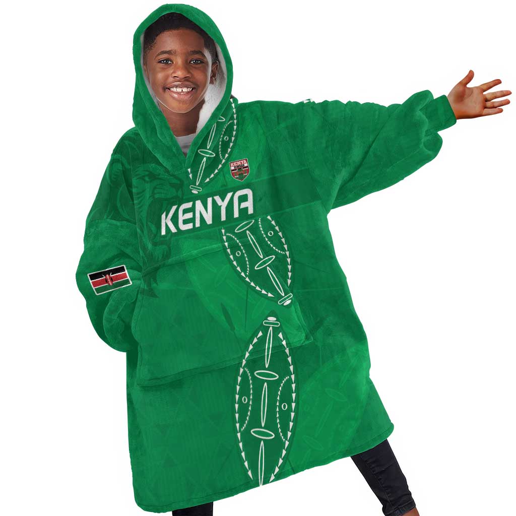 Jamhuri ya Kenya Rugby Custom Kid Wearable Blanket Hoodie Kenyan Shield Style - Green Color
