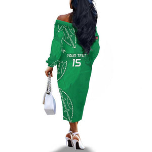 Jamhuri ya Kenya Rugby Custom Off The Shoulder Long Sleeve Dress Kenyan Shield Style - Green Color