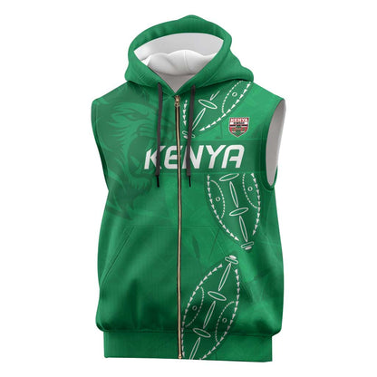 Jamhuri ya Kenya Rugby Custom Sleeveless Zip Hoodie Kenyan Shield Style - Green Color - African Pride