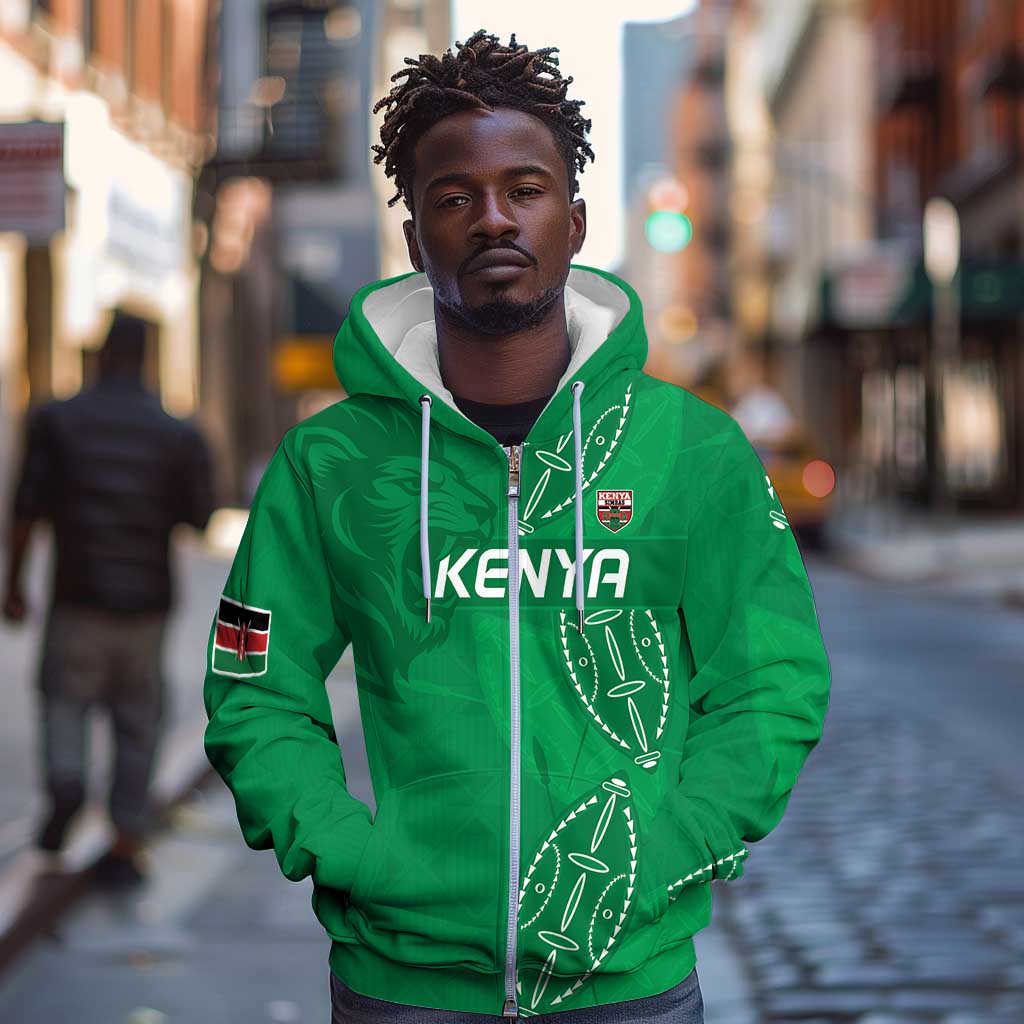Jamhuri ya Kenya Rugby Custom Zip Hoodie Kenyan Shield Style - Green Color
