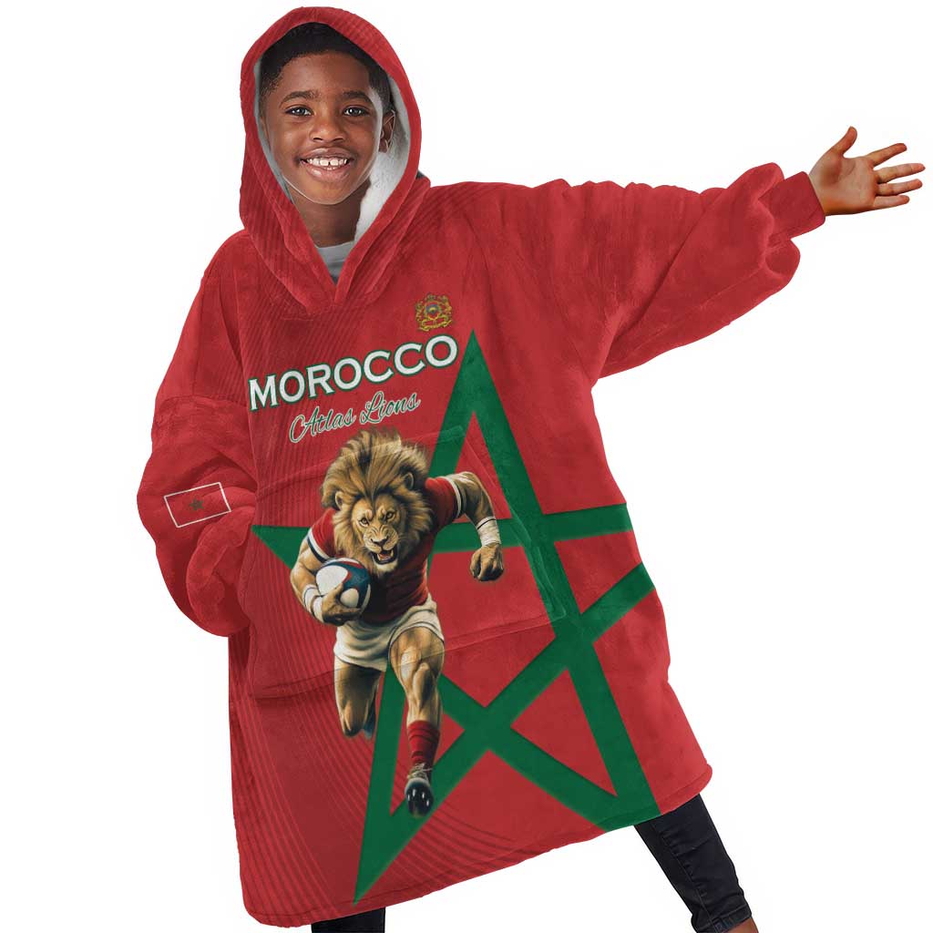 Morocco Rugby Custom Kid Wearable Blanket Hoodie Come On Atlas Lions
