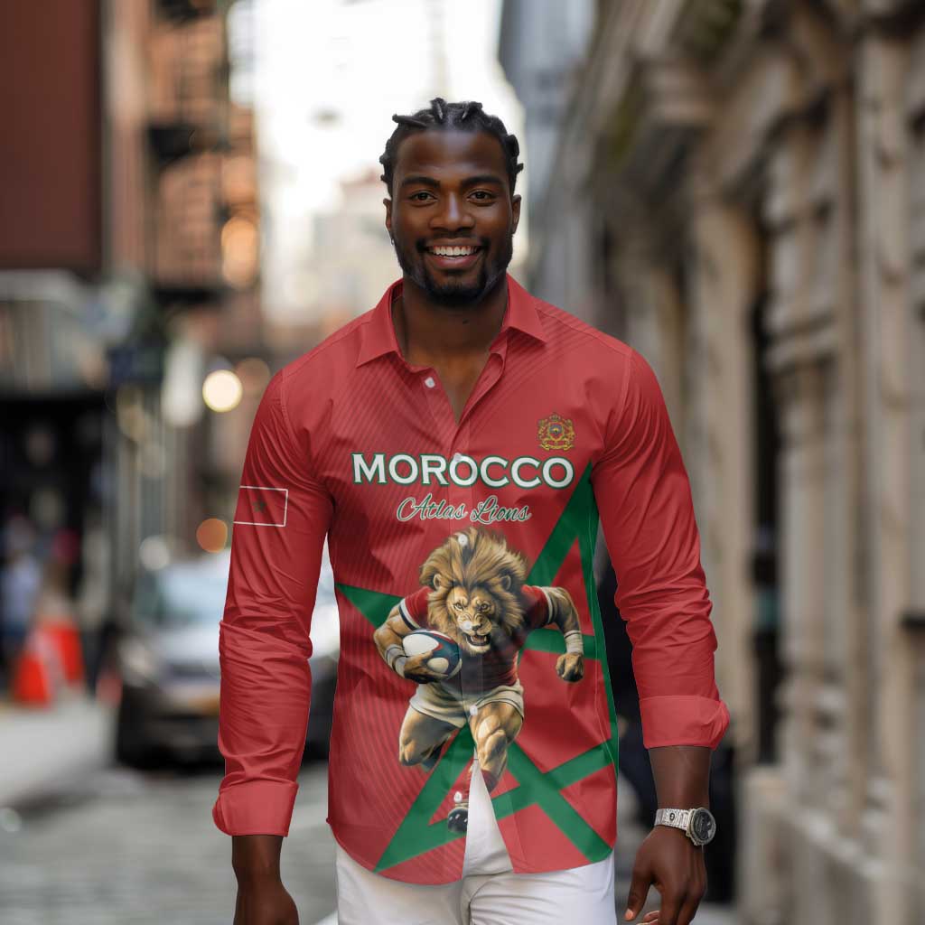 Morocco Rugby Custom Long Sleeve Button Shirt Come On Atlas Lions