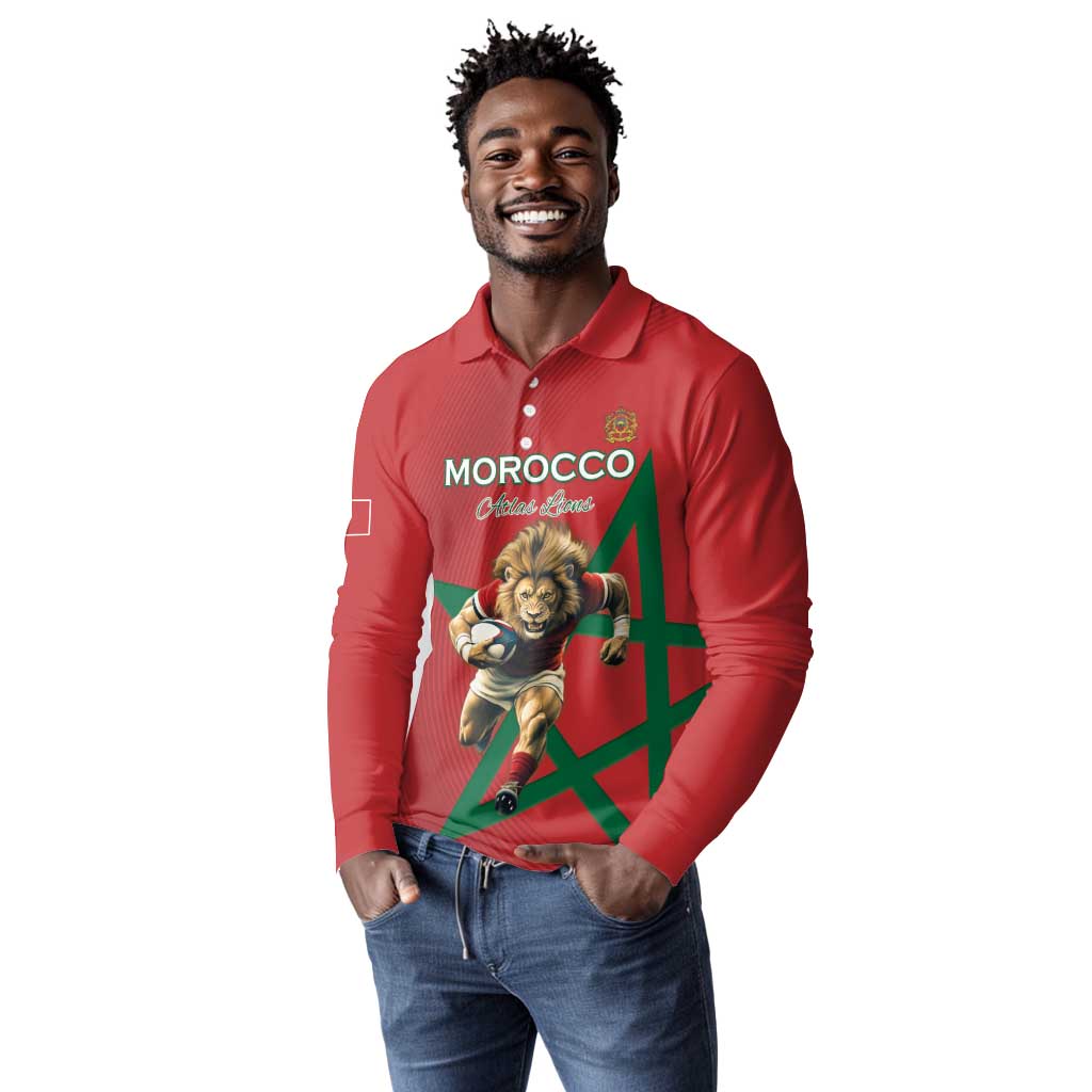 Morocco Rugby Custom Long Sleeve Polo Shirt Come On Atlas Lions