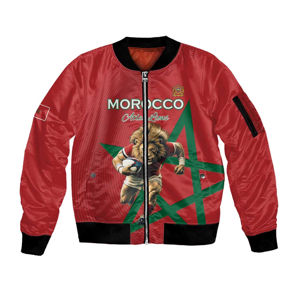 Morocco Rugby Custom Sleeve Zip Bomber Jacket Come On Atlas Lions