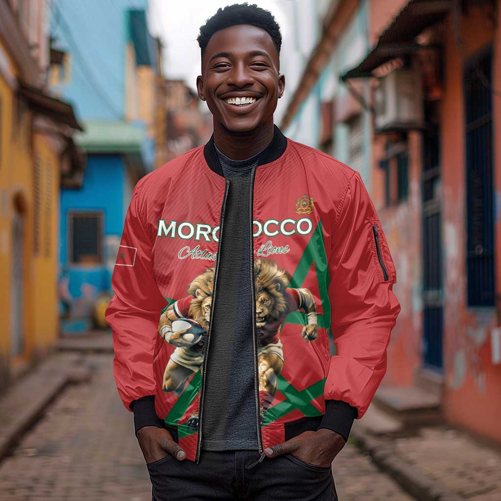 Morocco Rugby Custom Sleeve Zip Bomber Jacket Come On Atlas Lions