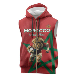 Morocco Rugby Custom Sleeveless Zip Hoodie Come On Atlas Lions - African Pride