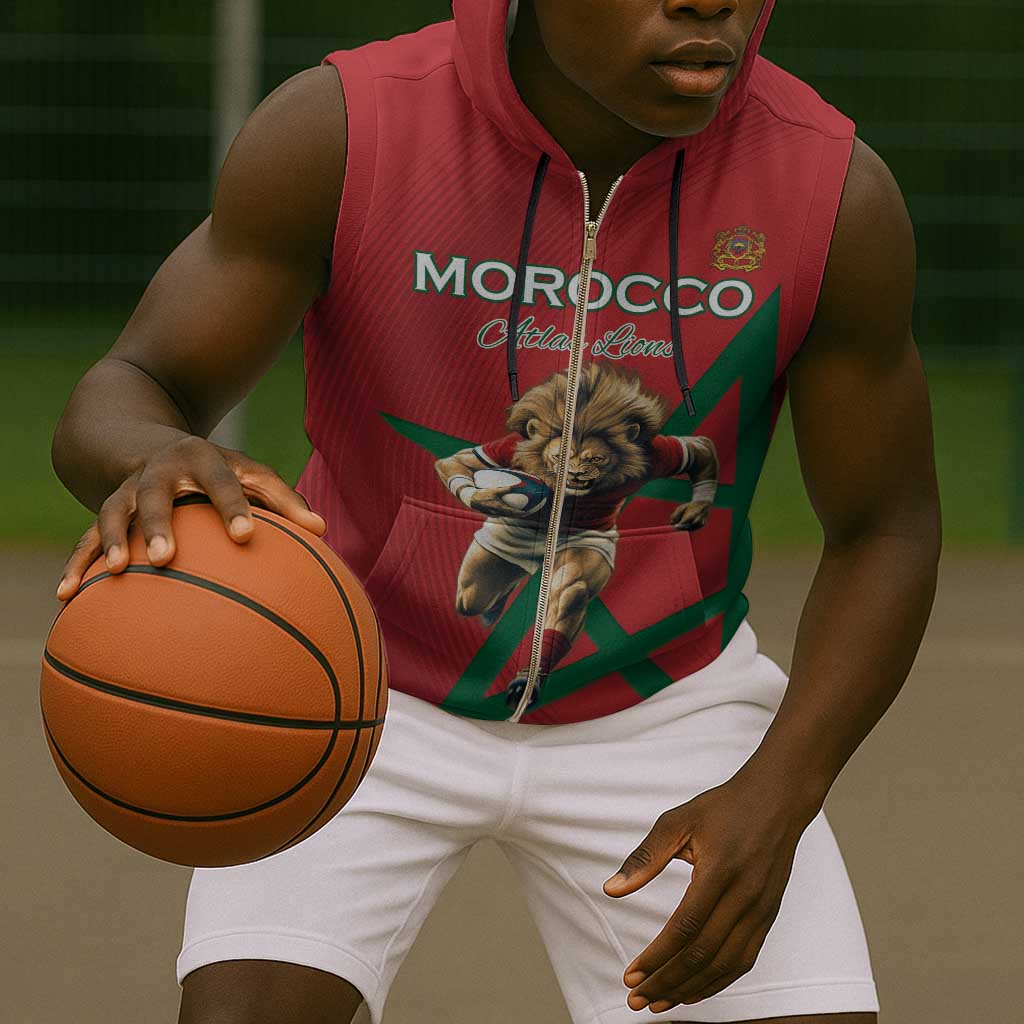 Morocco Rugby Custom Sleeveless Zip Hoodie Come On Atlas Lions - African Pride