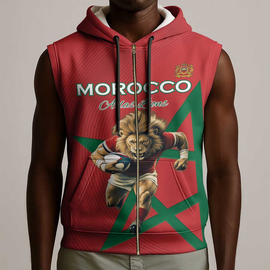 Morocco Rugby Custom Sleeveless Zip Hoodie Come On Atlas Lions - African Pride