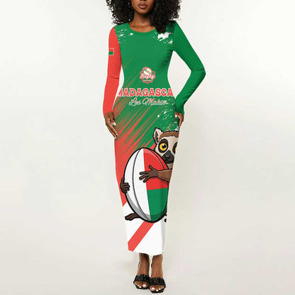 Madagascar Rugby Custom Long Sleeve Bodycon Dress Allez Les Makis - African Pride
