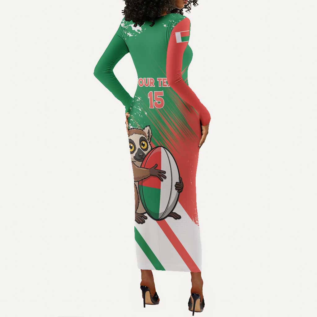 Madagascar Rugby Custom Long Sleeve Bodycon Dress Allez Les Makis - African Pride