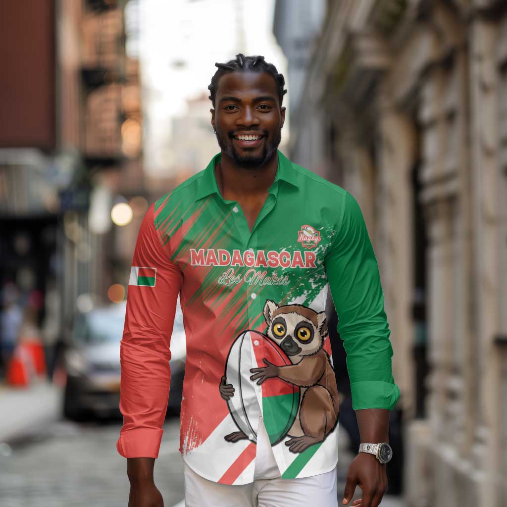 Madagascar Rugby Custom Long Sleeve Button Shirt Allez Les Makis - African Pride