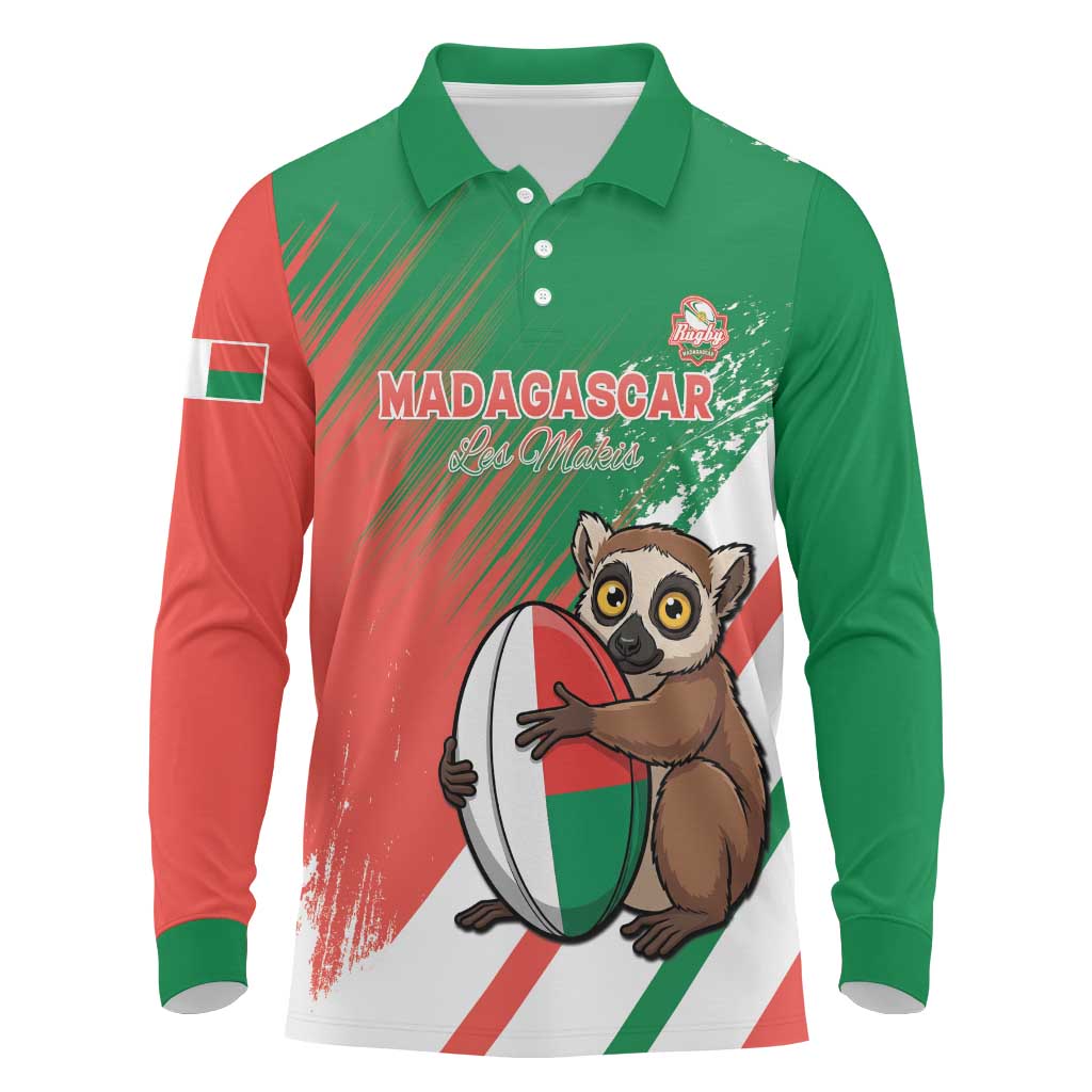 Madagascar Rugby Custom Long Sleeve Polo Shirt Allez Les Makis - African Pride