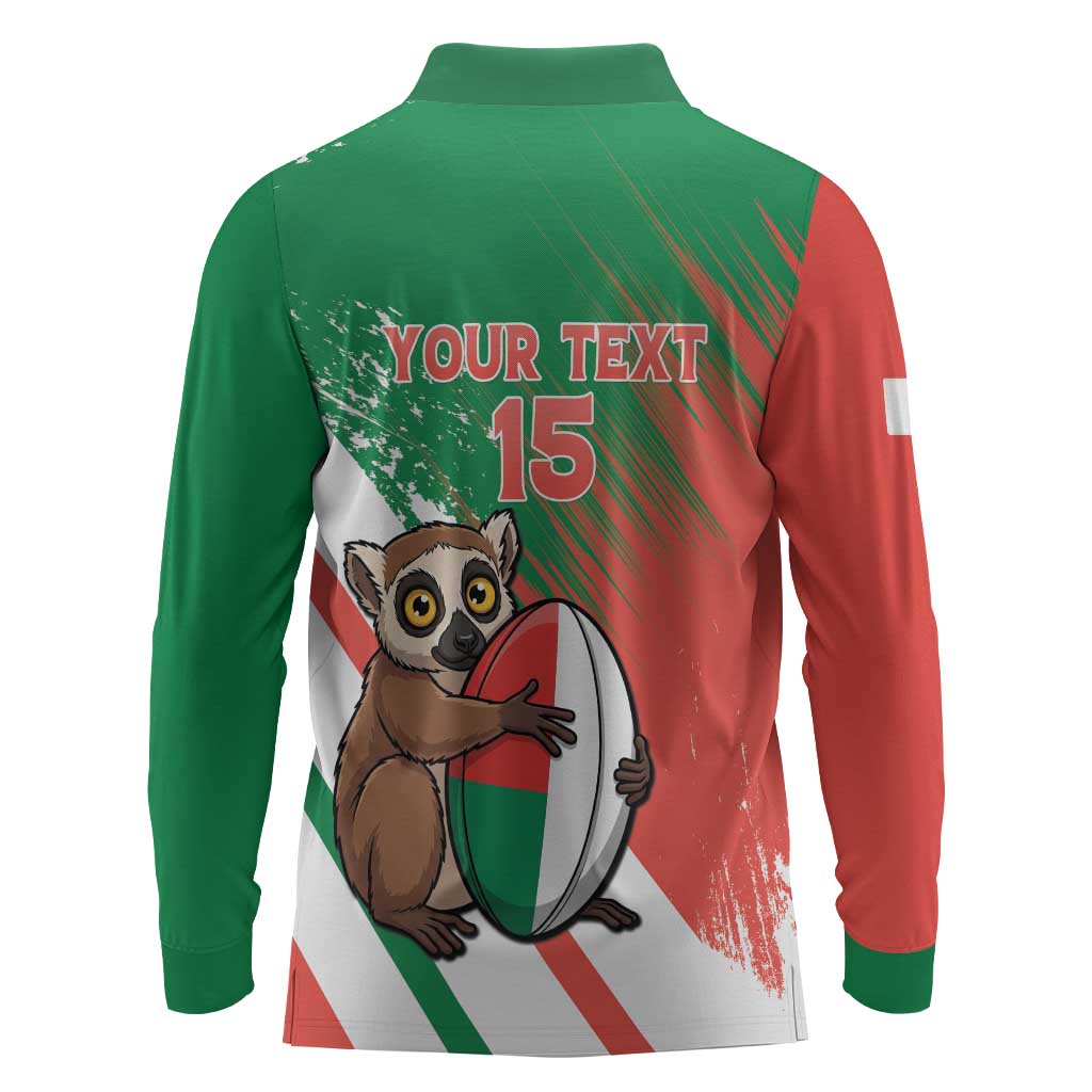 Madagascar Rugby Custom Long Sleeve Polo Shirt Allez Les Makis - African Pride