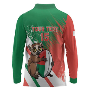 Madagascar Rugby Custom Long Sleeve Polo Shirt Allez Les Makis - African Pride