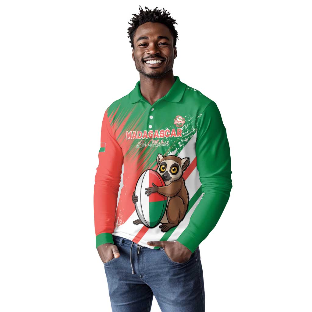 Madagascar Rugby Custom Long Sleeve Polo Shirt Allez Les Makis - African Pride