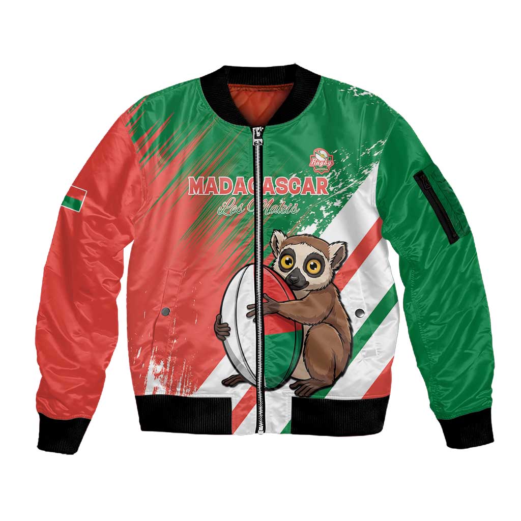 Madagascar Rugby Custom Sleeve Zip Bomber Jacket Allez Les Makis - African Pride
