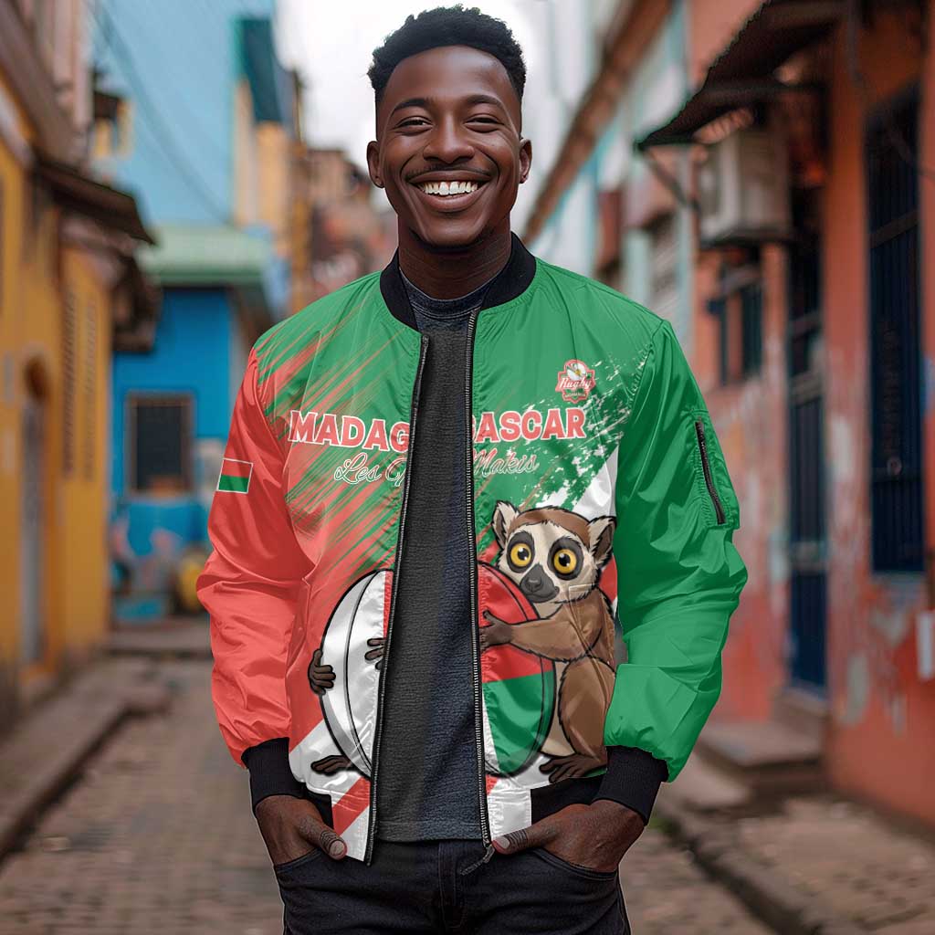 Madagascar Rugby Custom Sleeve Zip Bomber Jacket Allez Les Makis - African Pride