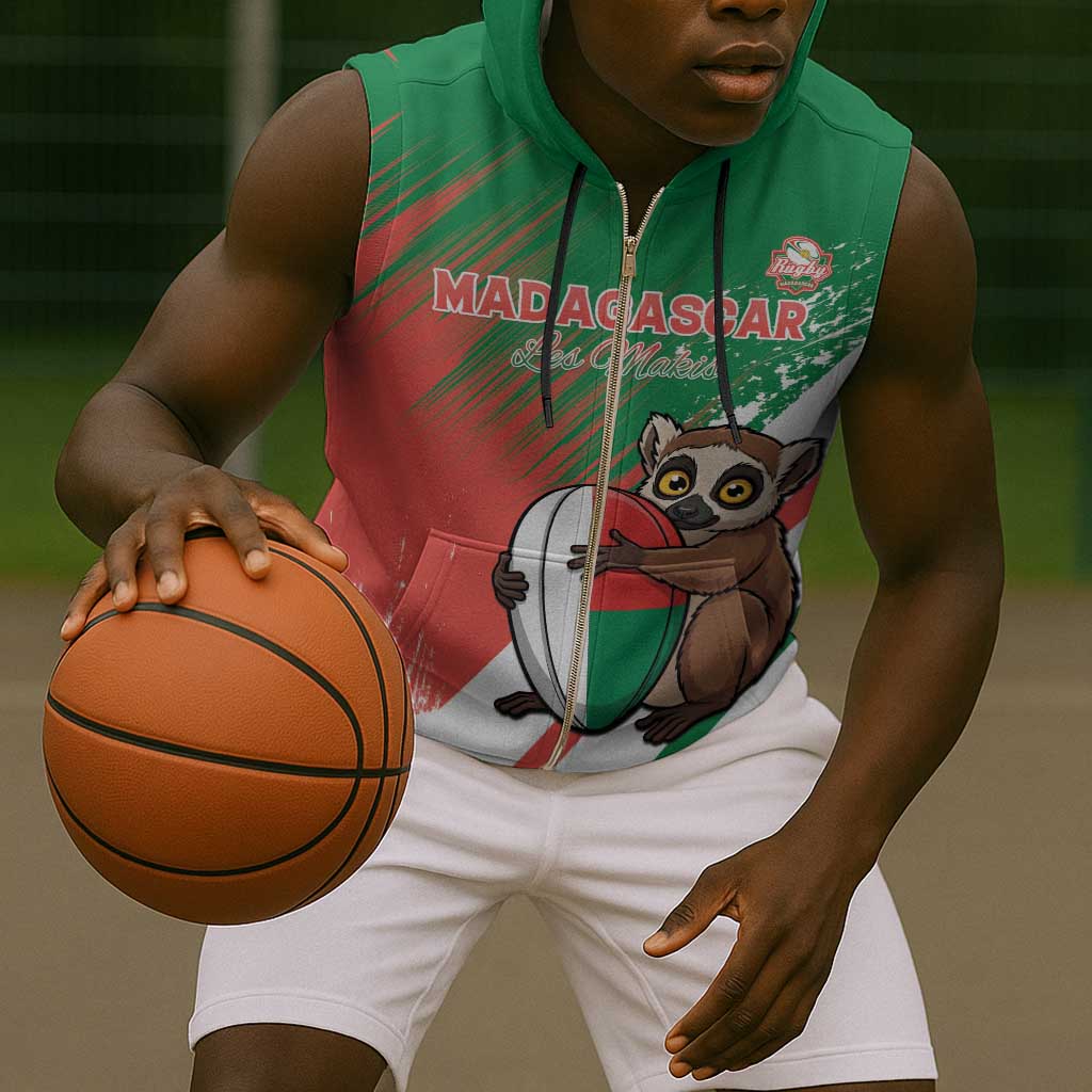 Madagascar Rugby Custom Sleeveless Zip Hoodie Allez Les Makis - African Pride