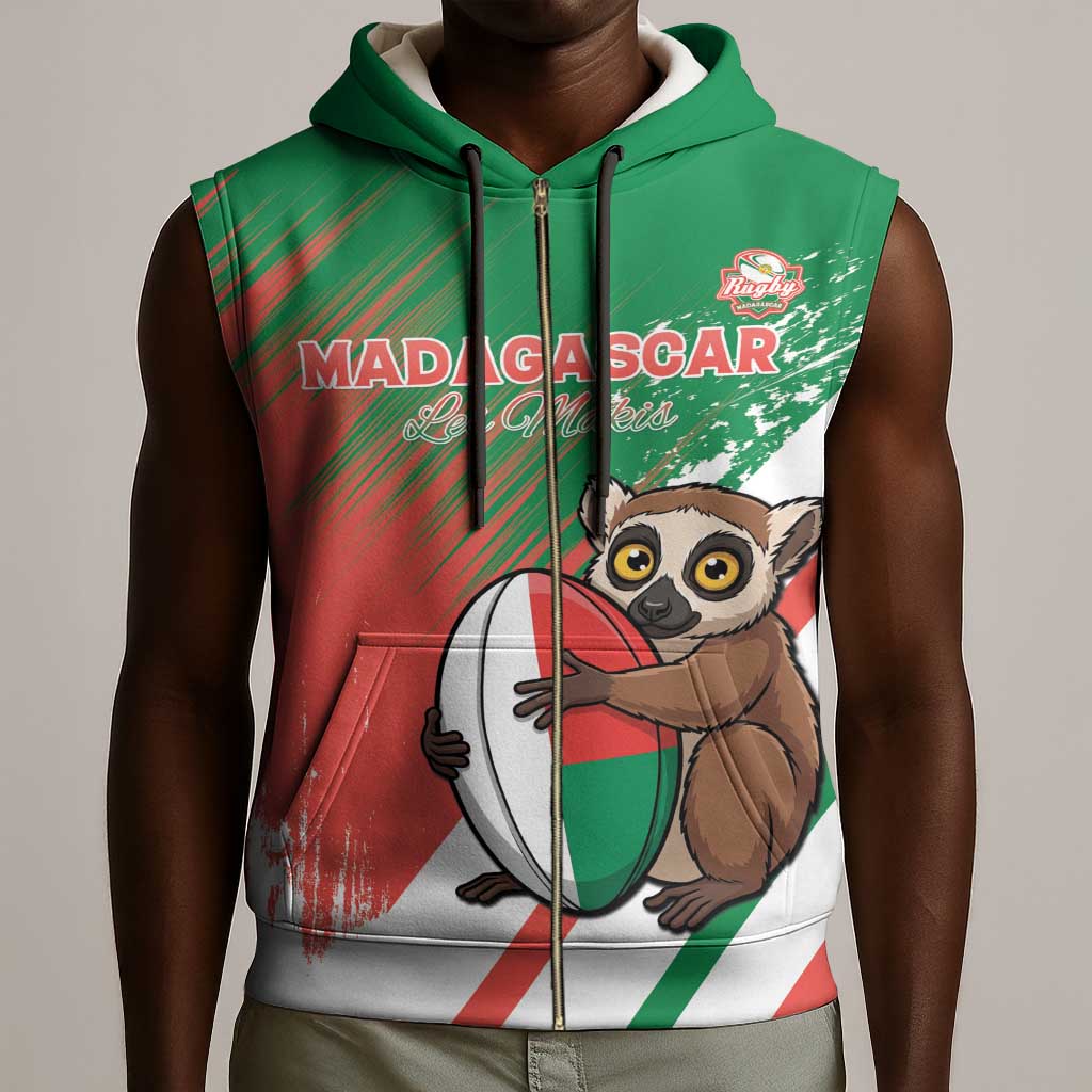Madagascar Rugby Custom Sleeveless Zip Hoodie Allez Les Makis - African Pride