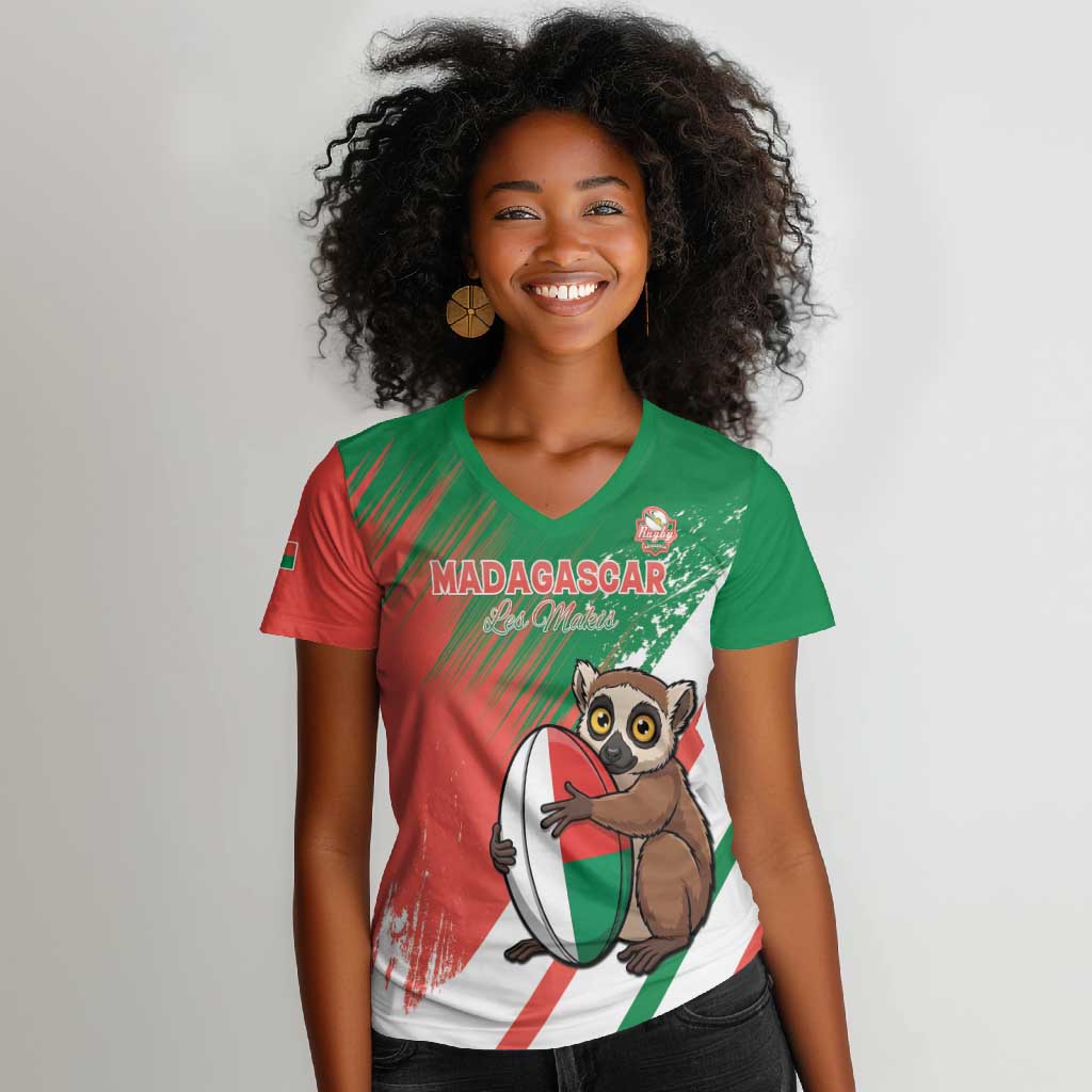 Madagascar Rugby Custom Women V-Neck T-Shirt Allez Les Makis - African Pride