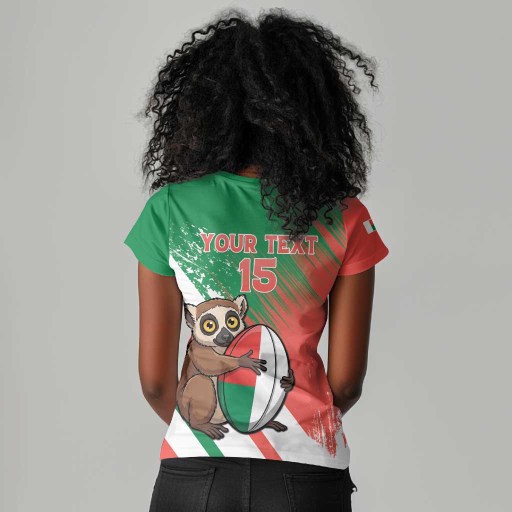 Madagascar Rugby Custom Women V-Neck T-Shirt Allez Les Makis - African Pride