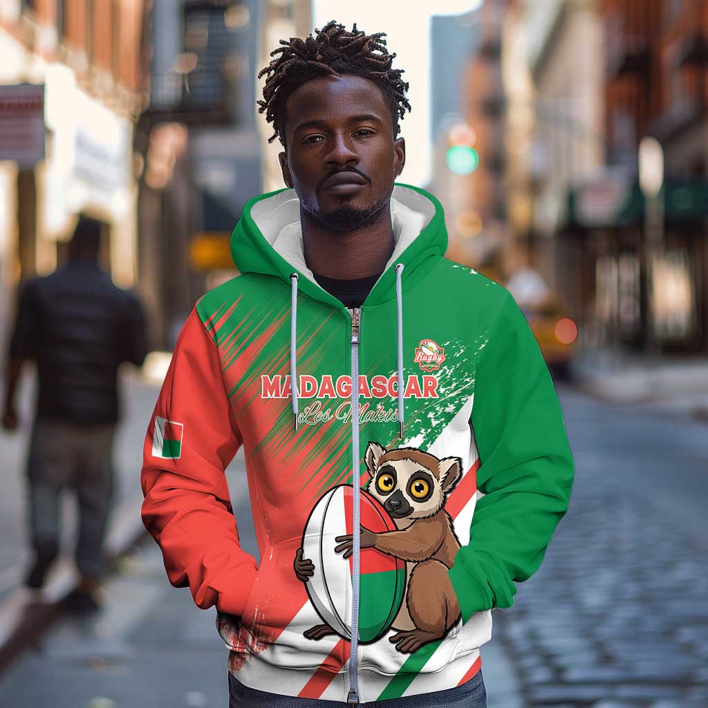 Madagascar Rugby Custom Zip Hoodie Allez Les Makis - African Pride