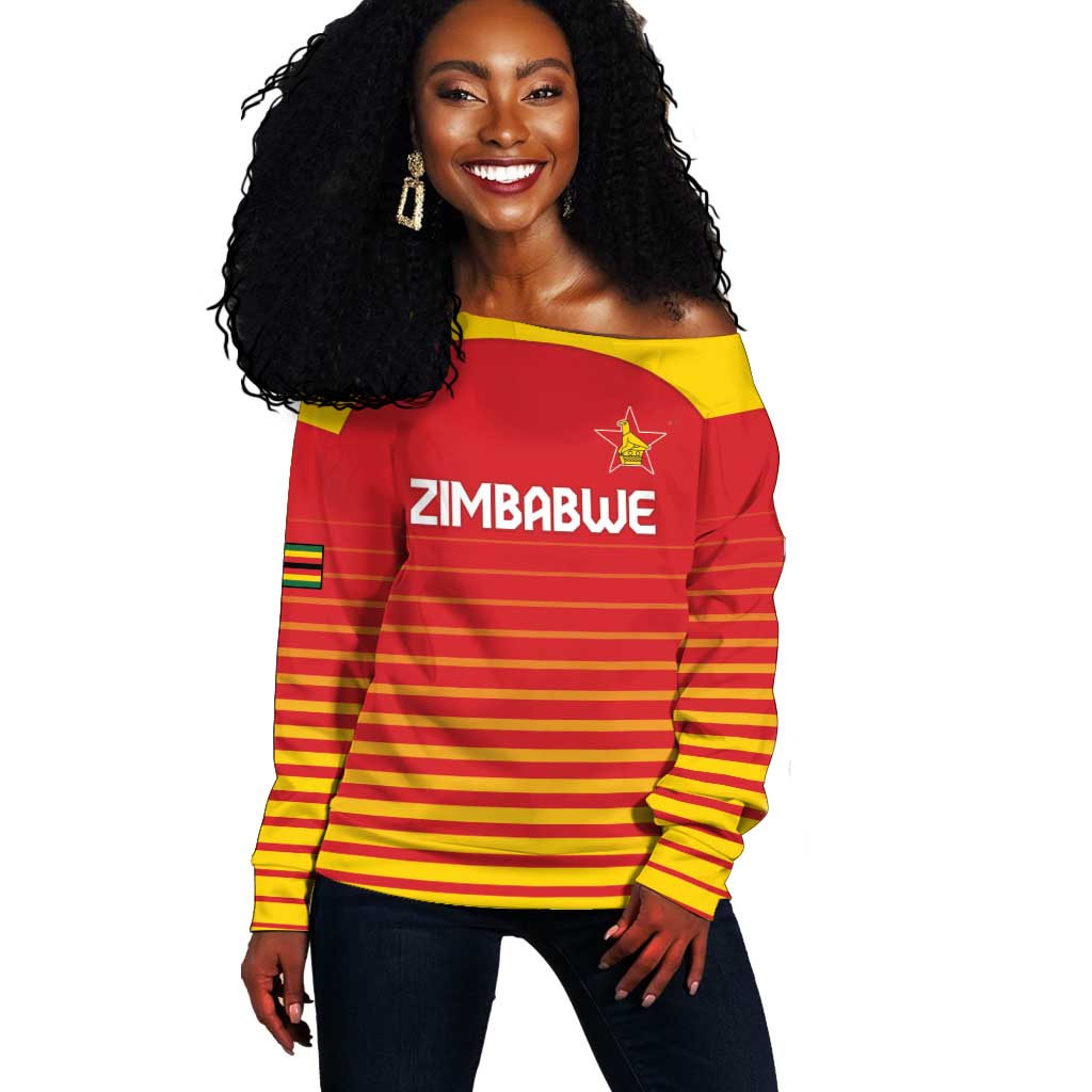 Custom Zimbabwe Cricket Off Shoulder Sweater Come On Chevrons - African Pride