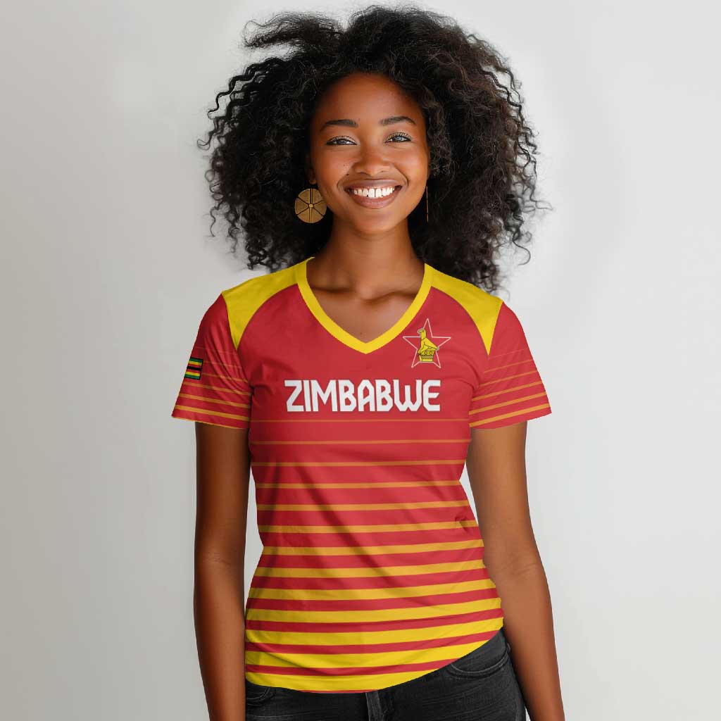 Custom Zimbabwe Cricket Women V-Neck T-Shirt Come On Chevrons - African Pride