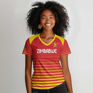 Custom Zimbabwe Cricket Women V-Neck T-Shirt Come On Chevrons - African Pride