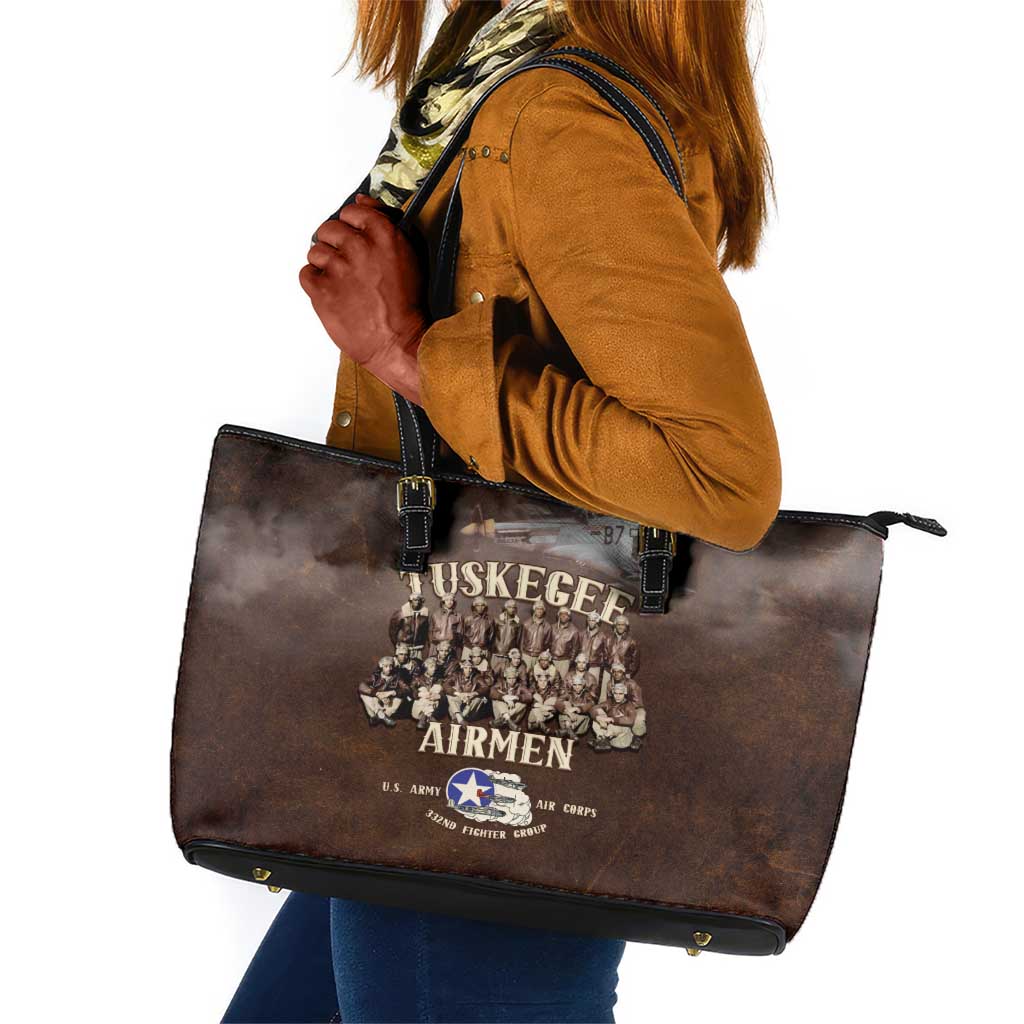 Remembering the Red Tail Heroes Leather Tote Bag Tuskegee Airmen Legacy Retro Style - African Pride