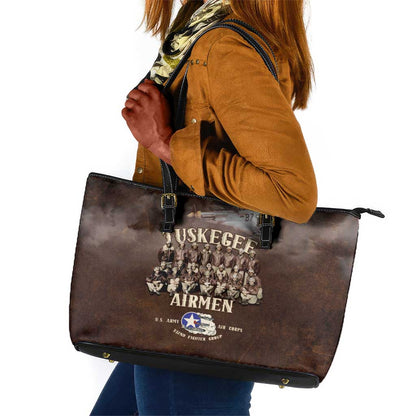 Remembering the Red Tail Heroes Leather Tote Bag Tuskegee Airmen Legacy Retro Style - African Pride