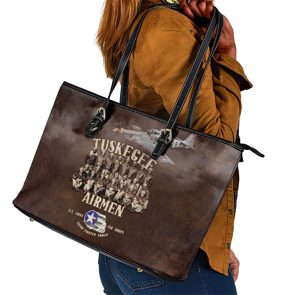 Remembering the Red Tail Heroes Leather Tote Bag Tuskegee Airmen Legacy Retro Style - African Pride