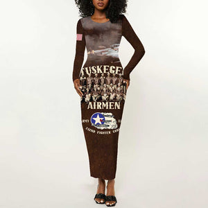 Remembering the Red Tail Heroes Long Sleeve Bodycon Dress Tuskegee Airmen Legacy Retro Style - African Pride